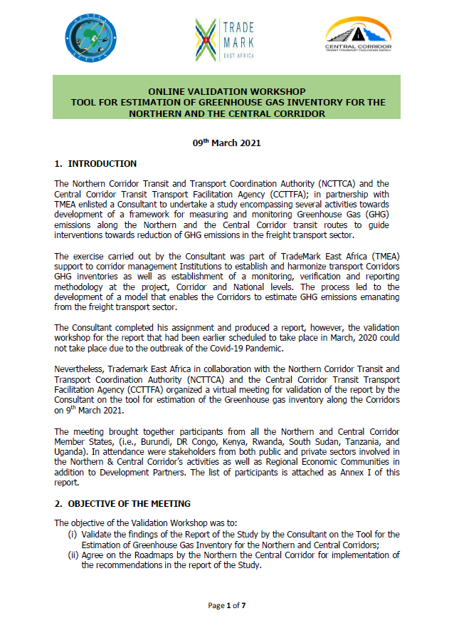 Online Validation Workshop Tool for Estimation of Greenhouse Gas Inventory for The Northern and The Central Corridor